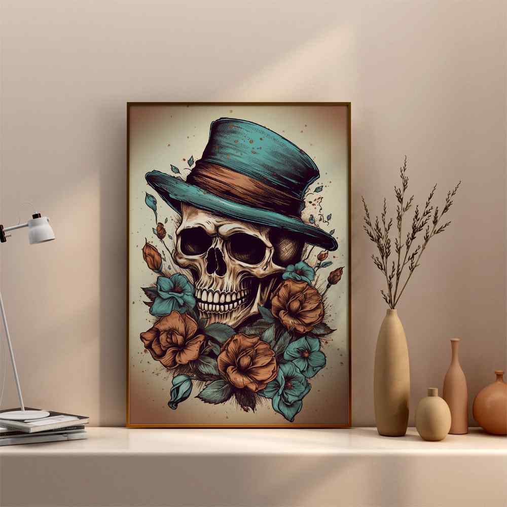 Skull Wearing Hat With Beautiful Flower---