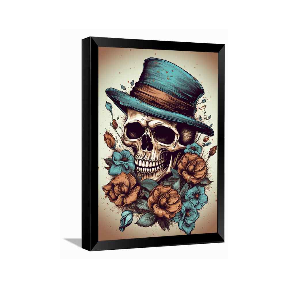 Skull Wearing Hat With Beautiful Flower---