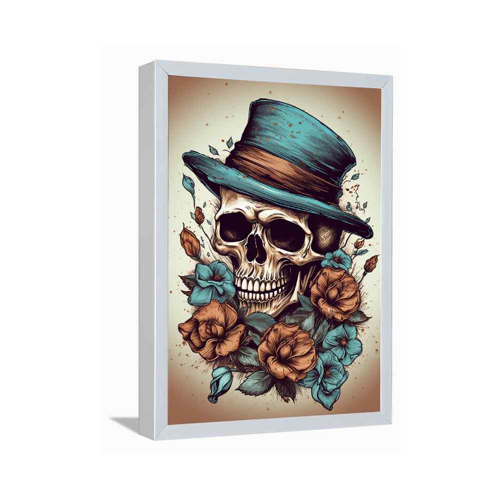 Skull Wearing Hat With Beautiful Flower---