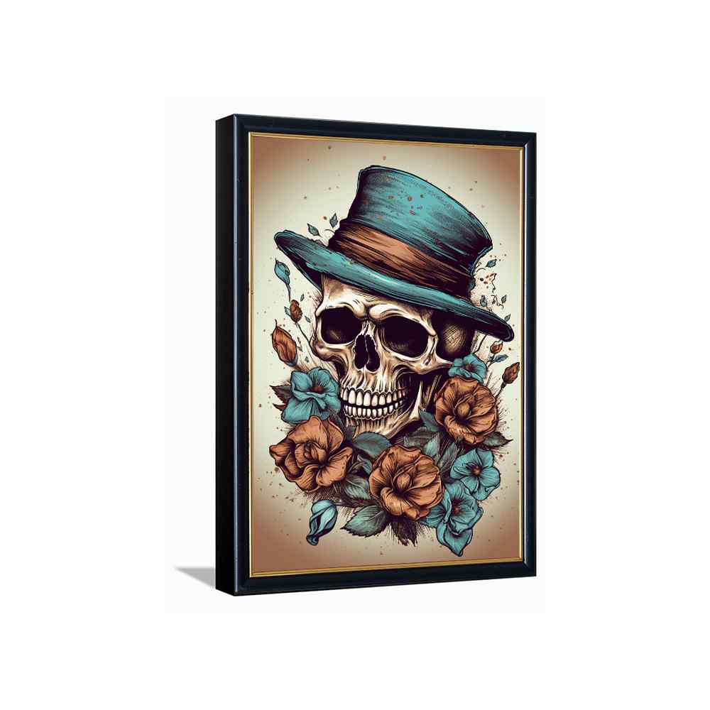 Skull Wearing Hat With Beautiful Flower---