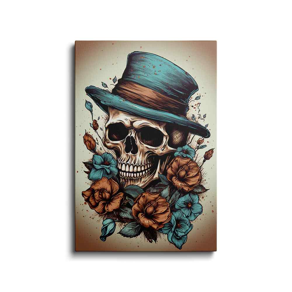 Skull Wearing Hat With Beautiful Flower - skull painting---