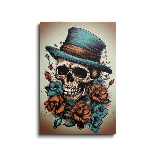 AI art | Skull Wearing Hat With Beautiful Flower - skull painting | wallstorie